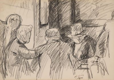 dessin d'un groupe de personnes assises autour d'une table dans une pièce