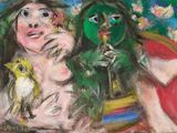 un tableau représentant une femme tenant un oiseau à côté d'un homme
