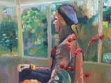 a painting of a woman sitting in a chair in front of a window