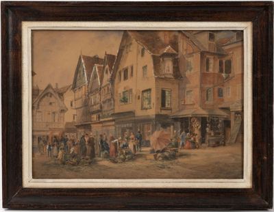 tableau représentant une scène de rue avec des personnages et des bâtiments en arrière-plan