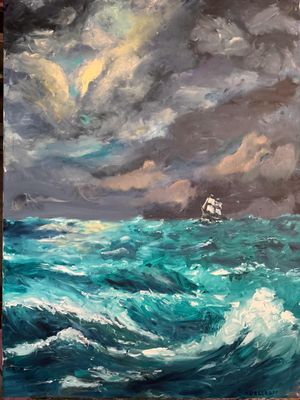 une peinture à l'huile représentant un voilier sur une mer agitée