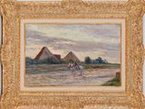 an oil painting of two people riding horses in front of a barn