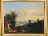 an oil painting of a farm scene in a gold frame