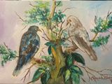 tableau représentant deux oiseaux perchés sur une branche d'arbre