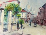 an oil painting of a street scene with people walking down the street