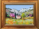 a painting of a small house in a field of flowers