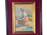 tableau représentant une femme assise sur la plage avec un parasol