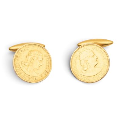 a pair of gold coin cufflinks on a white background