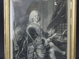 une gravure représentant le portrait d'un homme assis sur une chaise