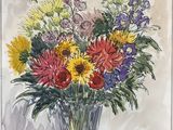 une aquarelle représentant un vase de fleurs posé sur une table
