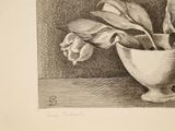 a black and white drawing of a vase with flowers in it