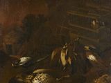 tableau représentant une nature morte avec des oiseaux morts et d'autres objets posés sur une table