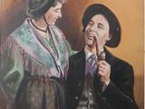 painting of a man and a woman holding a bottle of soda