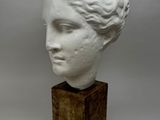tête de femme en marbre blanc posée sur un socle en bois