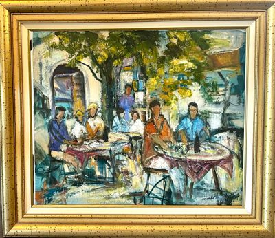 a painting of a group of people sitting at a table