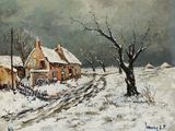 painting of a snowy scene with a house and a tree in the foreground