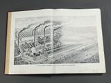 an open book with a drawing of a factory on it