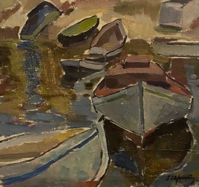 peinture d'un groupe de bateaux flottant sur un plan d'eau