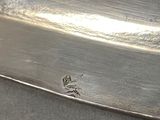 a close up of a silver plate with a bug on it