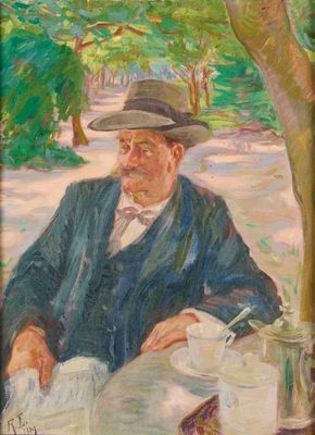 tableau représentant un homme assis à une table, une tasse de café à la main