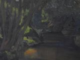 a painting of a stream running through a forest