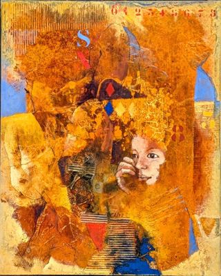 an oil painting of a woman holding a child in her arms