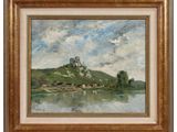 un tableau représentant un château sur une colline, avec un lac au premier plan