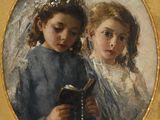 painting of two young girls reading a book in an oval frame