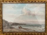 une peinture à l'huile représentant deux personnes sur une plage au bord de la mer