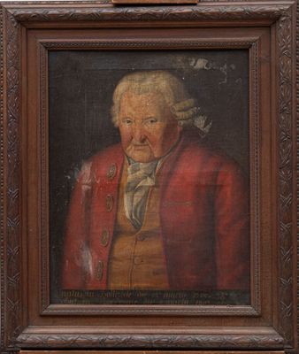 tableau représentant un homme vêtu d'un manteau rouge et d'une chemise blanche