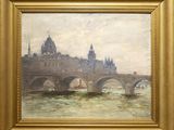 peinture d'un pont sur une rivière avec un bâtiment en arrière-plan