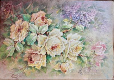 tableau représentant un bouquet de roses et de lilas dans un cadre en bois