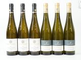 six bouteilles de vin blanc sont alignées