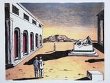 drawing of a man laying on a bed in the middle of a courtyard