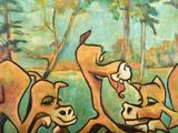 painting of a group of dogs playing with each other in a field