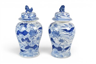 paire de vases bleus et blancs ornés d'oiseaux et de fleurs
