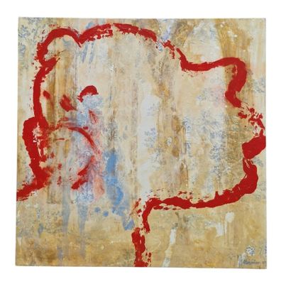 une peinture abstraite réalisée à la peinture rouge et bleue sur un fond beige