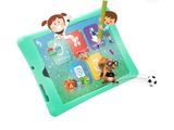 a green tablet with a picture of children playing on it