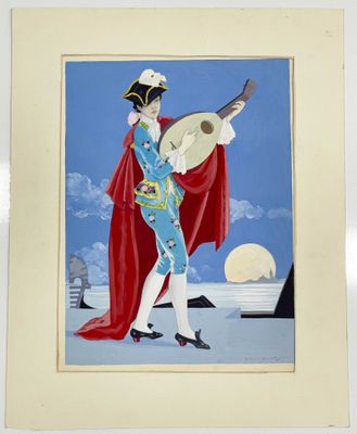 une image représentant un tableau où l'on voit une femme en robe bleue tenant une guitare