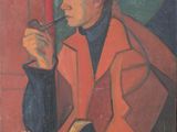 painting of a man in a red coat smoking a pipe