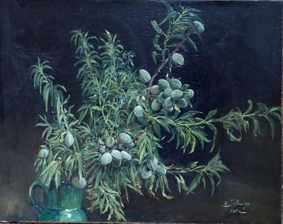 un tableau représentant un bouquet de fruits dans un vase vert
