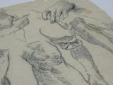 sketches of a person ' s hand holding a pair of scissors and a pair of gloves