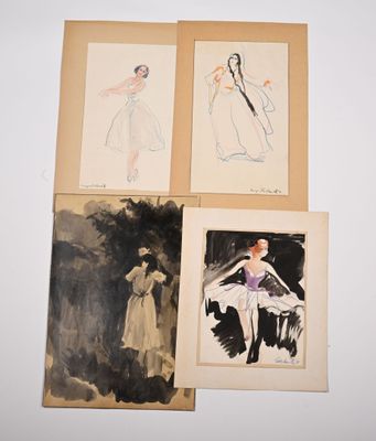 four drawings of a woman in a white dress and a man in a black suit