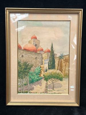 framed picture of a painting of a church with a red roof
