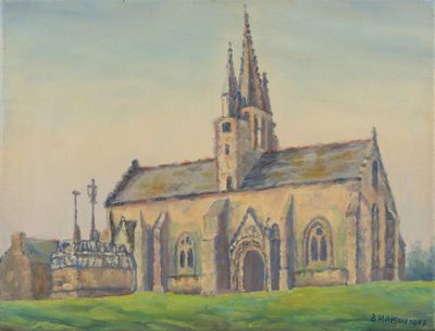 painting of a painting of a church in a field with a bridge in the background
