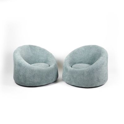 pair of mid - century modern lounge chairs in blue wool, italy, 1970s