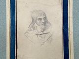 drawing of a woman with long hair in a blue frame