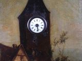 a painting of a clock tower in the middle of a town
