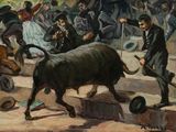 un tableau représentant un taureau poursuivi par un homme