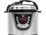 a close up of an electric pressure cooker on a white background